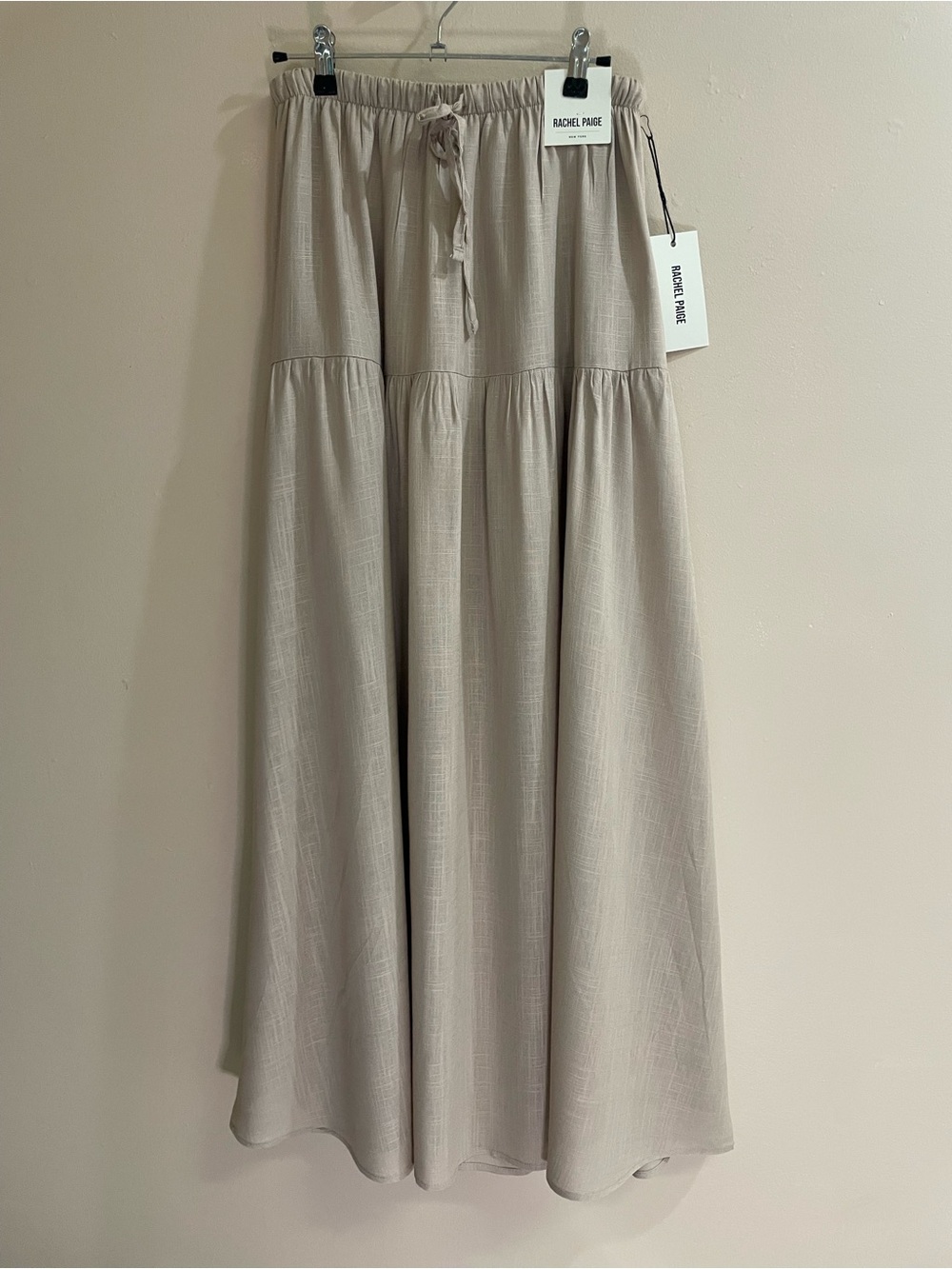 NWT Rachel Paige Beige Rayon Linen Tiered Maxi Skirt Size M Boho Peasant
